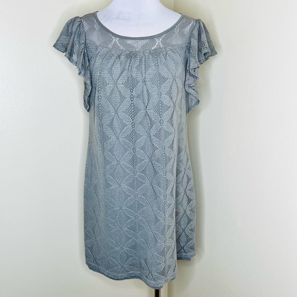 Ella Moss Dress SMALL Crochet Gray Knit Flutter Sleeve Shift Sheath Above Knee